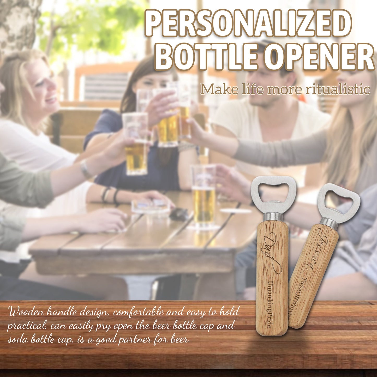 Personalized Bottle Opener, Wooden Handle Bottle Opener, Custom Laser Engraved Bottle Openers, Fathers Day, Birthday, Wedding Gift for Him