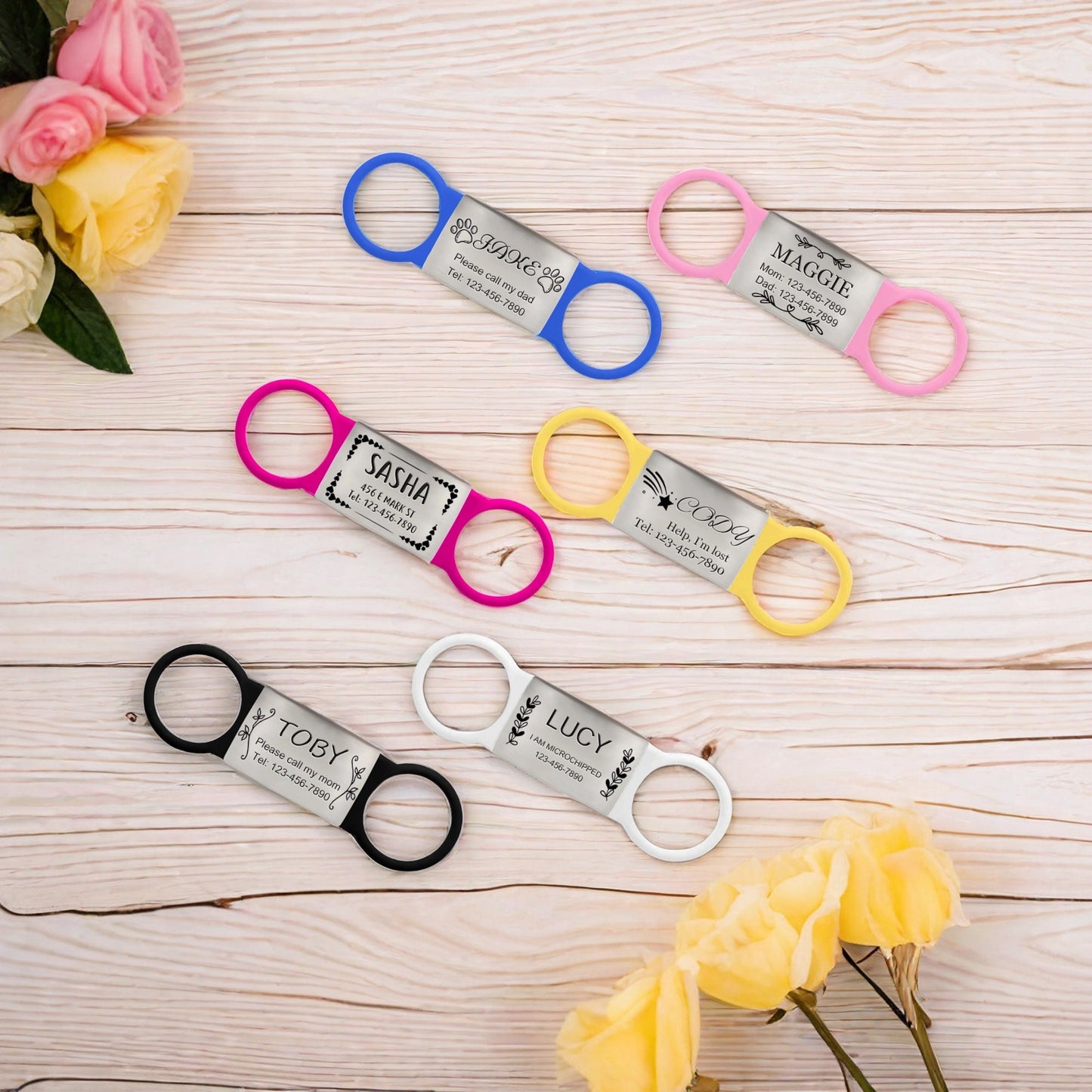 Custom Dog Name Tag, Slide On Pet Tag, Silent Dog Tag, Personalized Pet Dog ID Tag, Silicone Cat Collar Tag, Engraved Steel Pet Cat Name Tag
