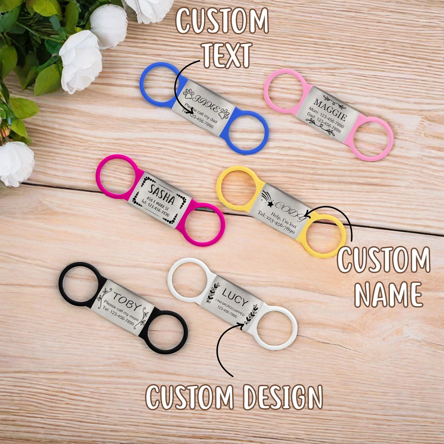 Custom Dog Name Tag, Slide On Pet Tag, Silent Dog Tag, Personalized Pet Dog ID Tag, Silicone Cat Collar Tag, Engraved Steel Pet Cat Name Tag