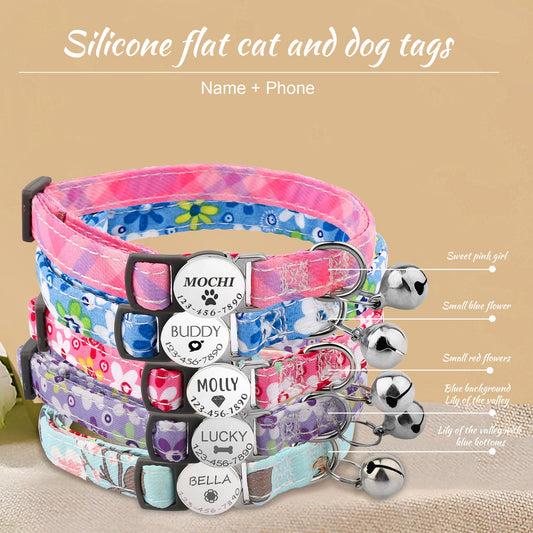 Custom Cat Collar, Personalized Colorful Floral Cat Collar, Engraved Pet Name & Icon Plate Metal Buckle, Cat ID Tag, Pet Collar with Bell