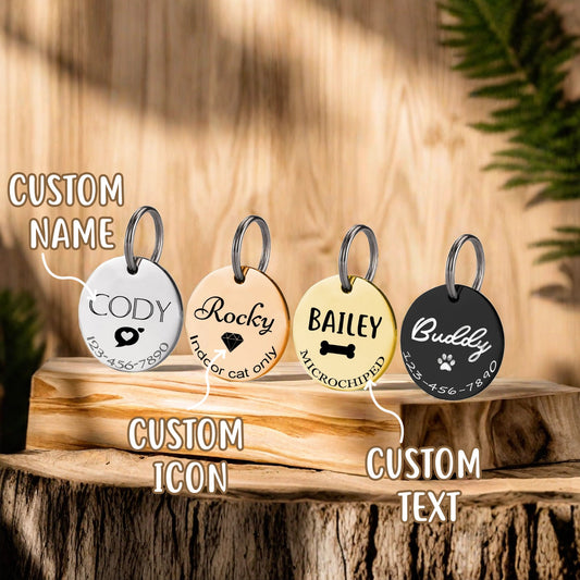 Custom Dog Tag, Personalized Dog Name Tag, Pet Tag, Pet ID Tag, Round Cat Tag, Engraved Dog and Cat ID Tag on Front, Stainless Steel Dog Tag