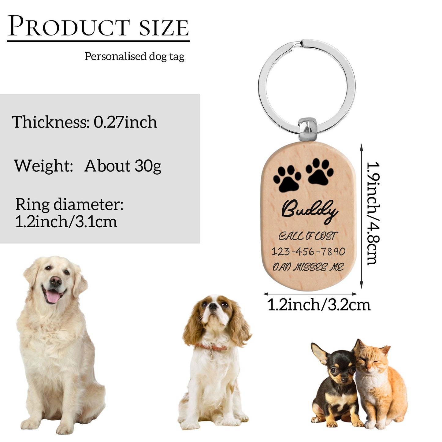 Wood Dog ID Tag, Beech Pet Name Tag, Silent Dog Tag, Engraved Puppy ID Tag, Personalized Cat Collar Tags, Rustic Dog Tag, New Dog Gift