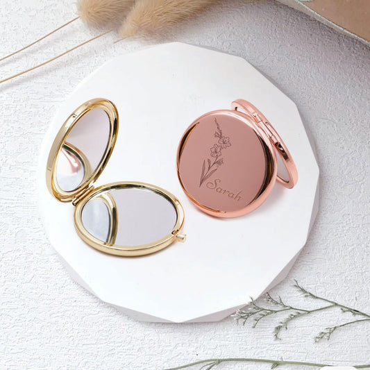 Personalized Compact Mirror, Custom Birth Flower Pocket Mirror, Potable Make-up Mirror, Wedding Bridesmaid Gift, Bridal Party Memorial Gifts