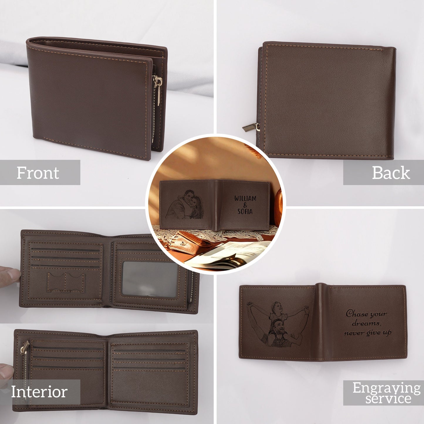 Personalized Men Wallet, Custom Photo Leather Wallet, Engraved Picture Leather Wallet, Memory Gift for Dad, Anniversary Gift for Boyfriend
