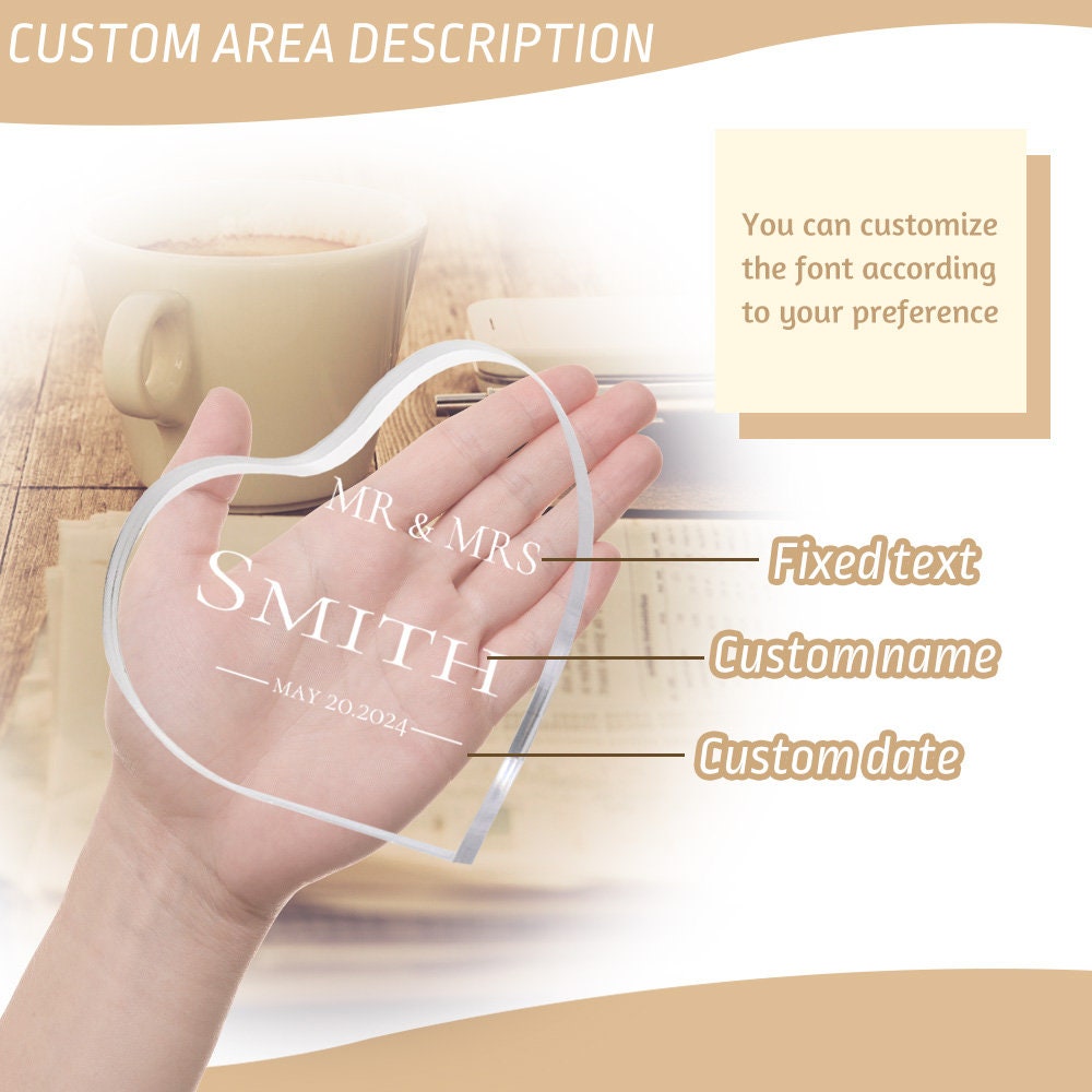 Personalized Heart Acrylic Block, Custom Mr & Mrs Acrylic Plate, Acrylic Heart Shape Stand, Wedding Anniversary Gift for Wife Couple