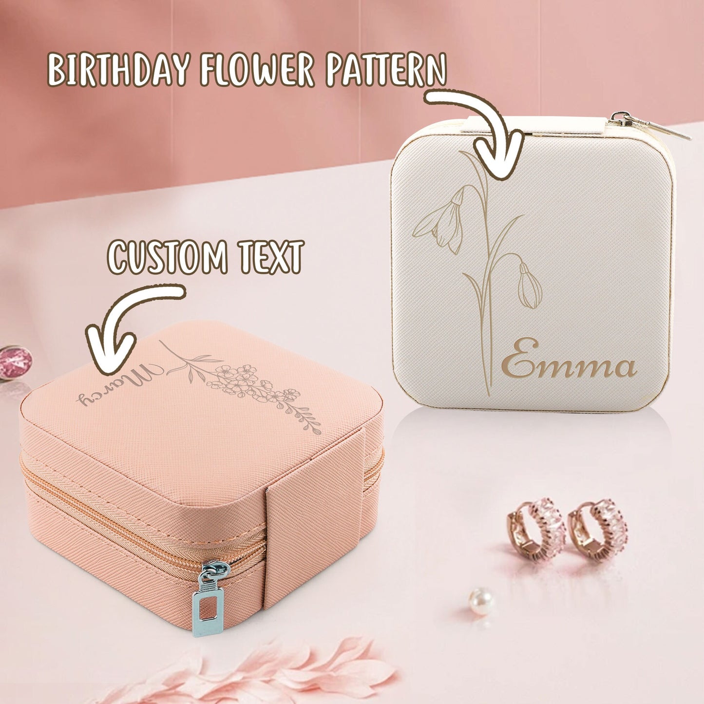 Birth Flower Jewelry Box, Custom Floral Jewelry Box, Personalized Jewelry Organizer, Portable Travel Jewelry Box, Honeymoon Birthday Gift