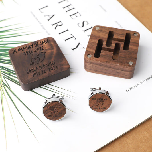 Personalized Cufflinks with Wooden Box, Custom Cuff Links, Engraved Wood Cufflink, Gift for Husband Fiancé Dad, Wedding Groomsmen Gifts