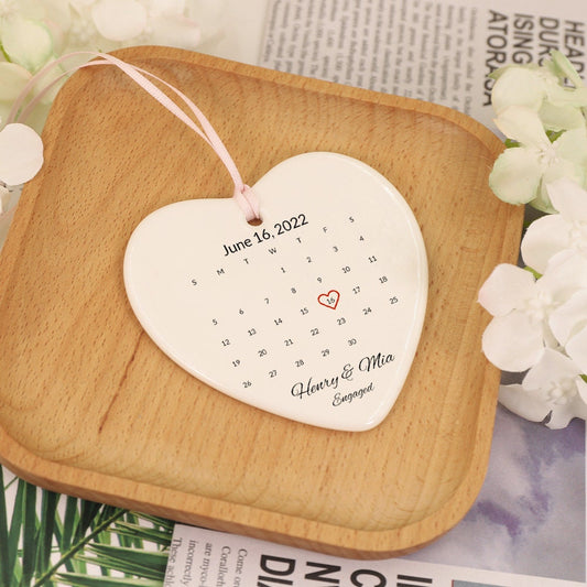 Custom Engaged Ornament, Personalized Engagement Ornament, Calendar Ornament, Engagement Announcement, Ceramic Ornament Gift for Couples