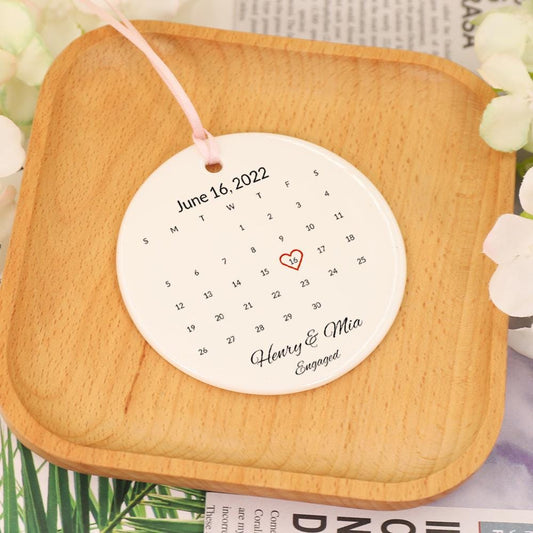 Personalized Engaged Ornament, Custom Calendar Ornament, Engraved Name Round Engagement Ornament, Couple Ceramic Ornament, Keepsake Gifts