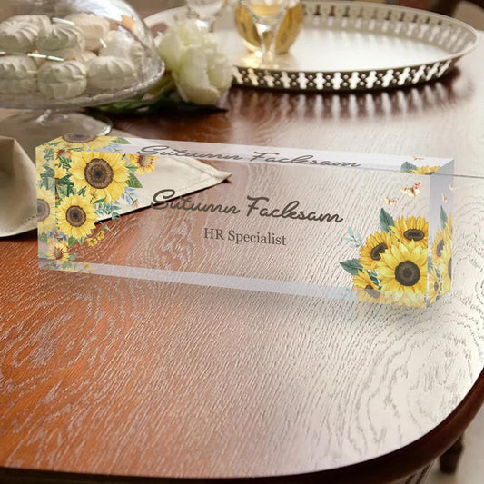 Personalized Desk Plaque - Custom Desk Name Plate - Acrylic Name Block - Flower Designs on Acrylic Name Sign - Promotion Gifts - New Job