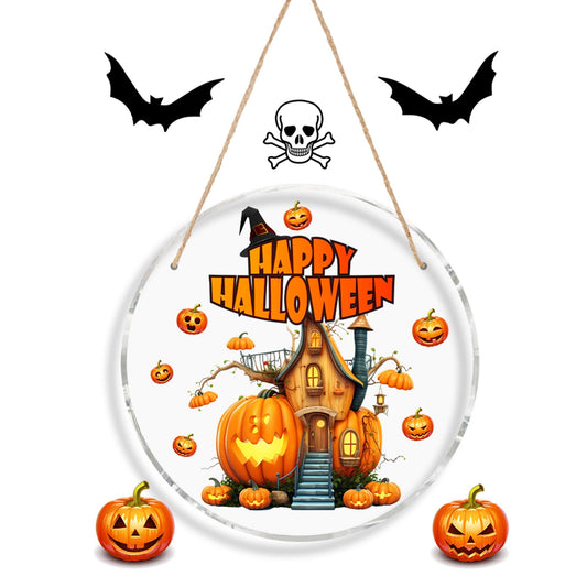 Acrylic Round Door Hanger - Halloween Door Sign - Pumpkin Spider Bat Spooky Acrylic Sign - Skull Pumpkin Bat Wall Decor - Halloween Gift