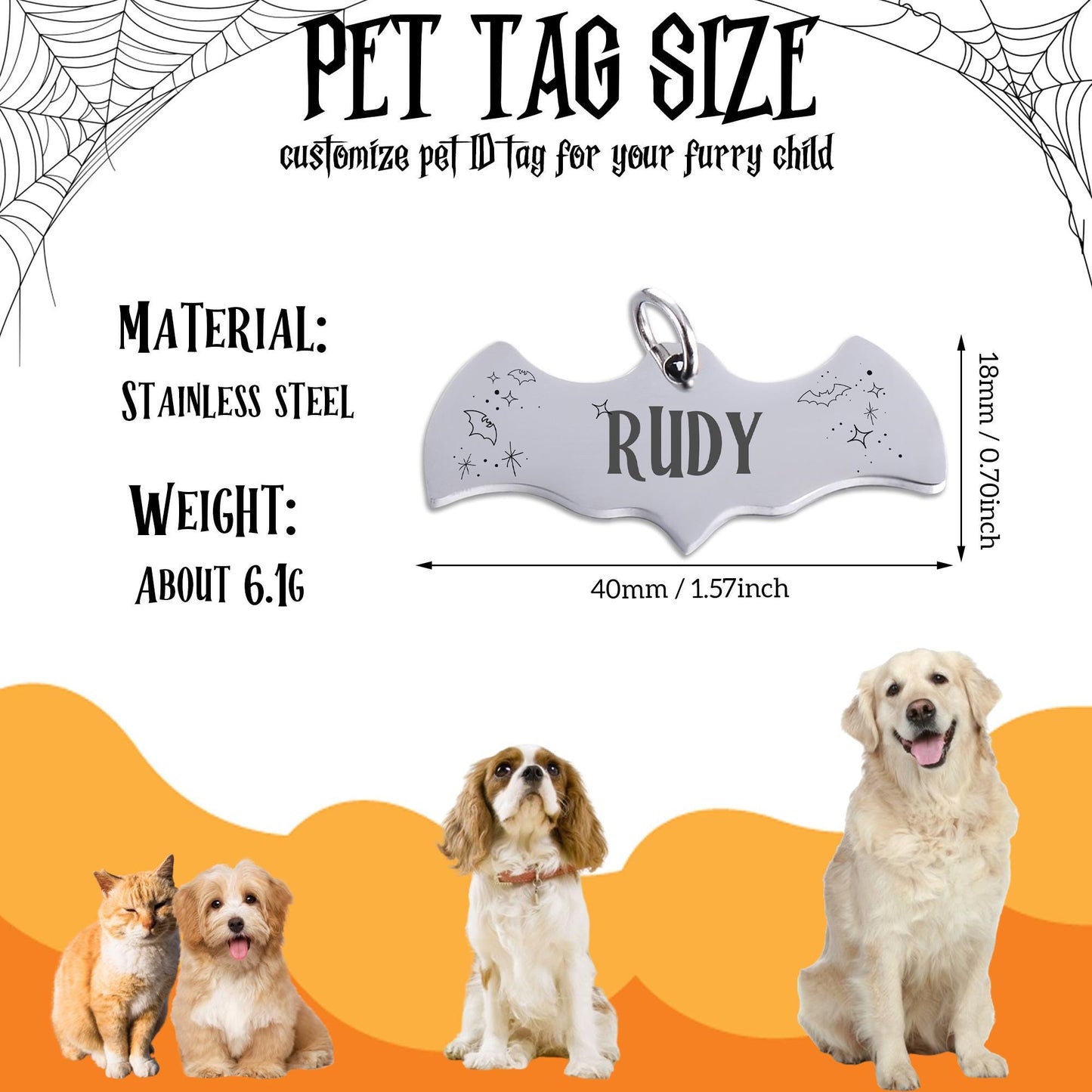 Custom Bat Dog Tag Personalized Pet Name Tag Engraved Metal Dog ID Tag Bat-Shaped Pet Collar Tag Halloween Gifts for Dog Cat Puppy