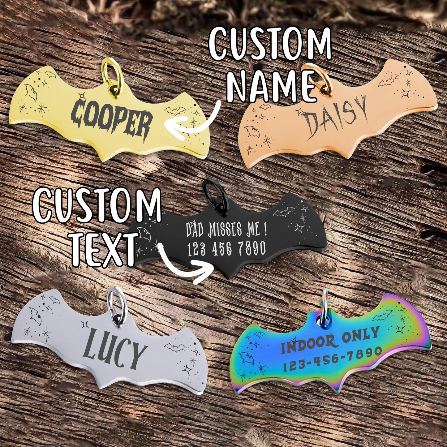 Custom Bat Dog Tag Personalized Pet Name Tag Engraved Metal Dog ID Tag Bat-Shaped Pet Collar Tag Halloween Gifts for Dog Cat Puppy