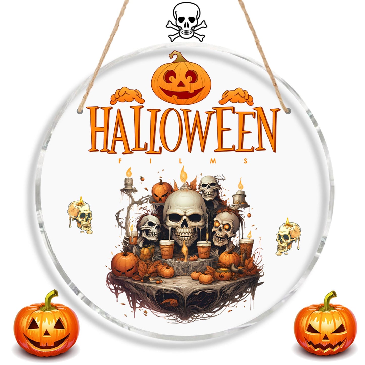 Acrylic Round Door Hanger - Halloween Door Sign - Pumpkin Spider Bat Spooky Acrylic Sign - Skull Pumpkin Bat Wall Decor - Halloween Gift