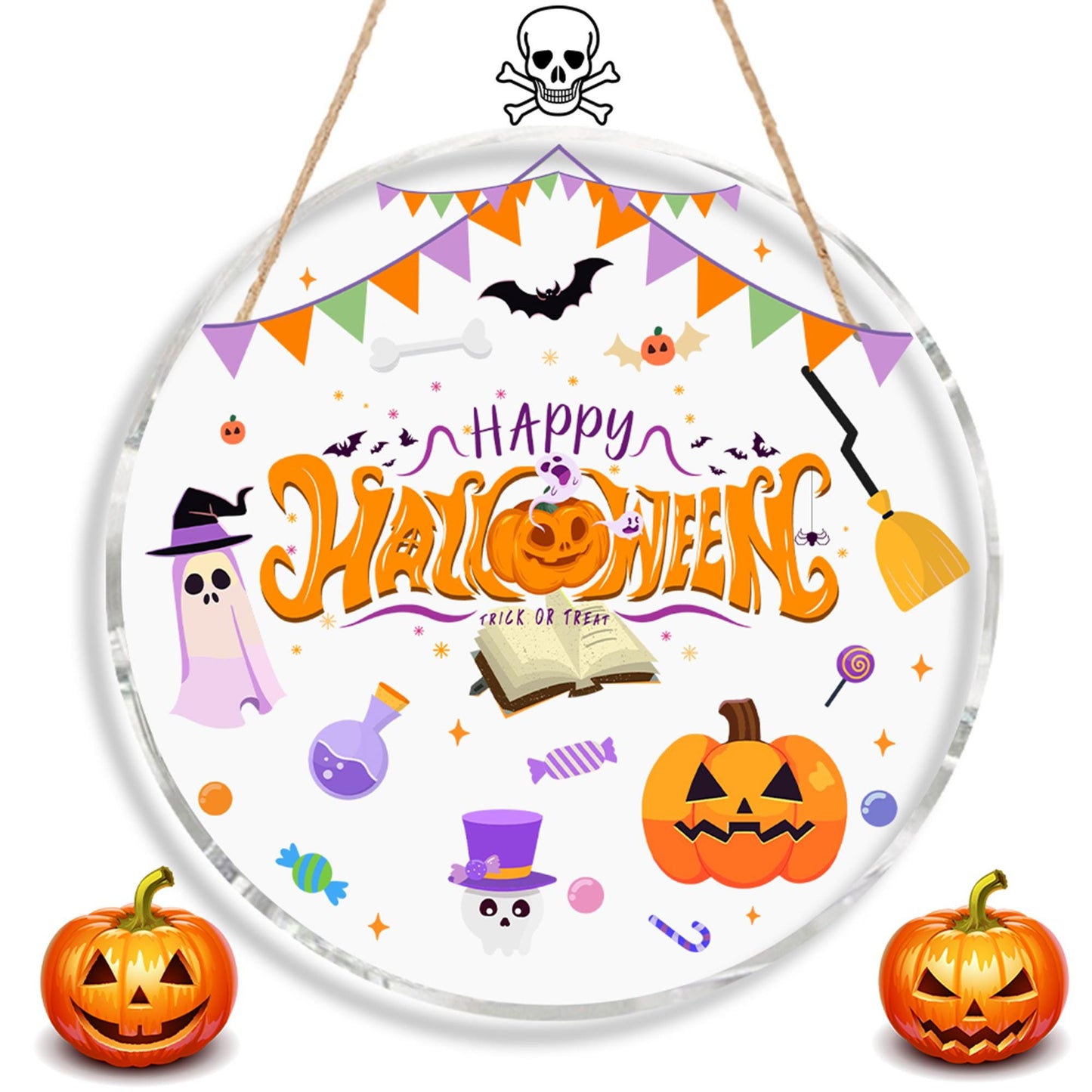 Acrylic Round Door Hanger - Halloween Door Sign - Pumpkin Spider Bat Spooky Acrylic Sign - Skull Pumpkin Bat Wall Decor - Halloween Gift