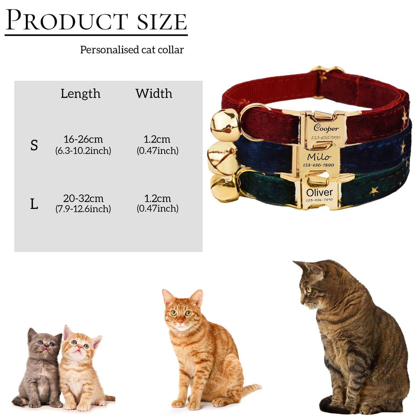 1 PCS Personalized Gold Star Luxury Velvet Pet Cat Collar with Bell Customized Name and Phone Number - Prevent Your Pet from Getting Lost
