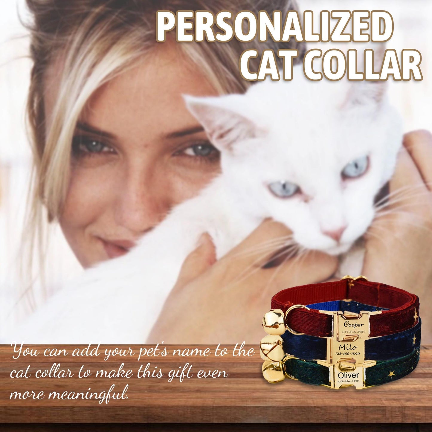 1 PCS Personalized Gold Star Luxury Velvet Pet Cat Collar with Bell Customized Name and Phone Number - Prevent Your Pet from Getting Lost