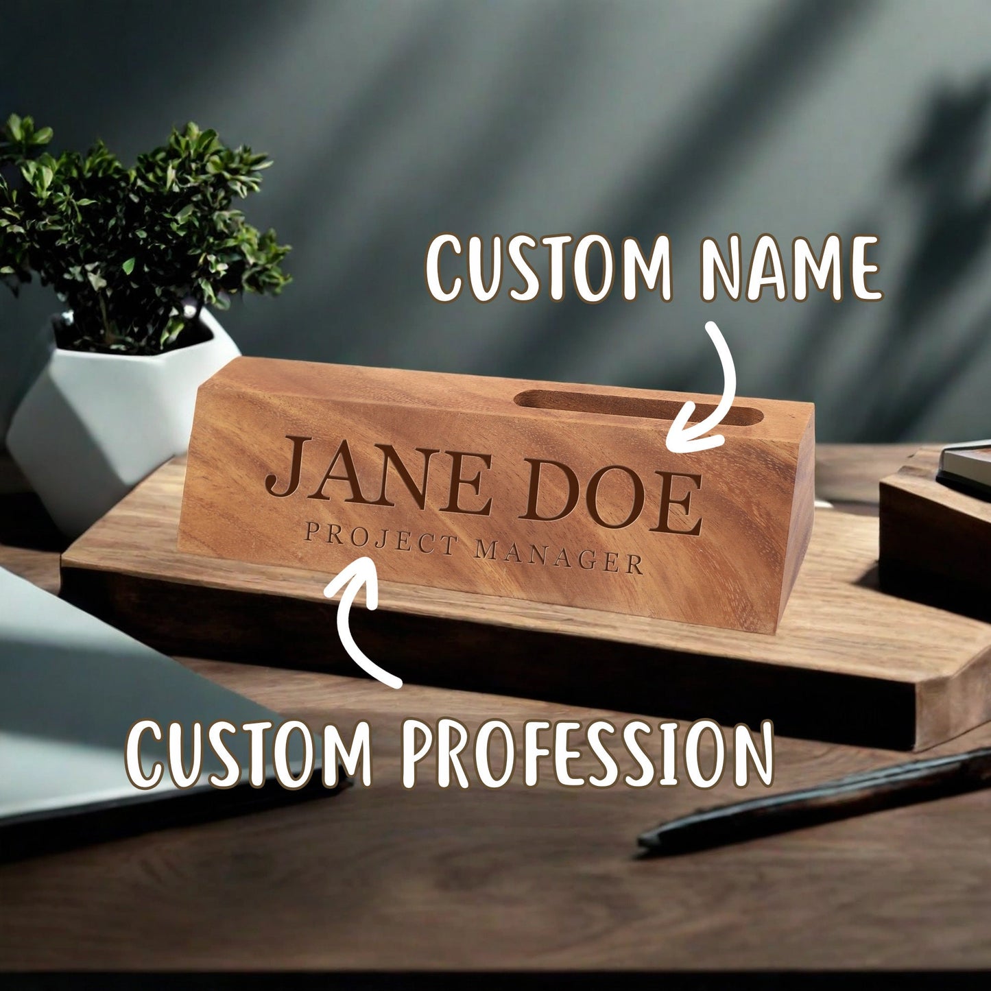 Desk Name Plates, Custom Name Sign, Personalized Desk Name Plate, Executive Personalized Desk, Laser Engraved Walnut Desk Wedge with Groove