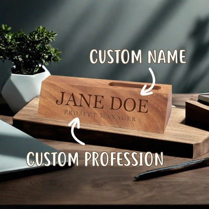 Desk Name Plates, Custom Name Sign, Personalized Desk Name Plate, Executive Personalized Desk, Laser Engraved Walnut Desk Wedge with Groove