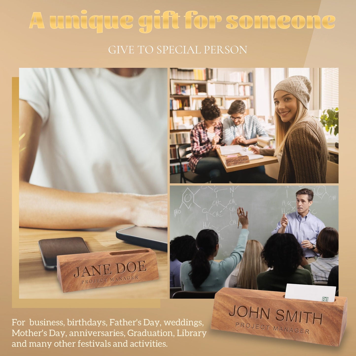 Desk Name Plates, Custom Name Sign, Personalized Desk Name Plate, Executive Personalized Desk, Laser Engraved Walnut Desk Wedge with Groove