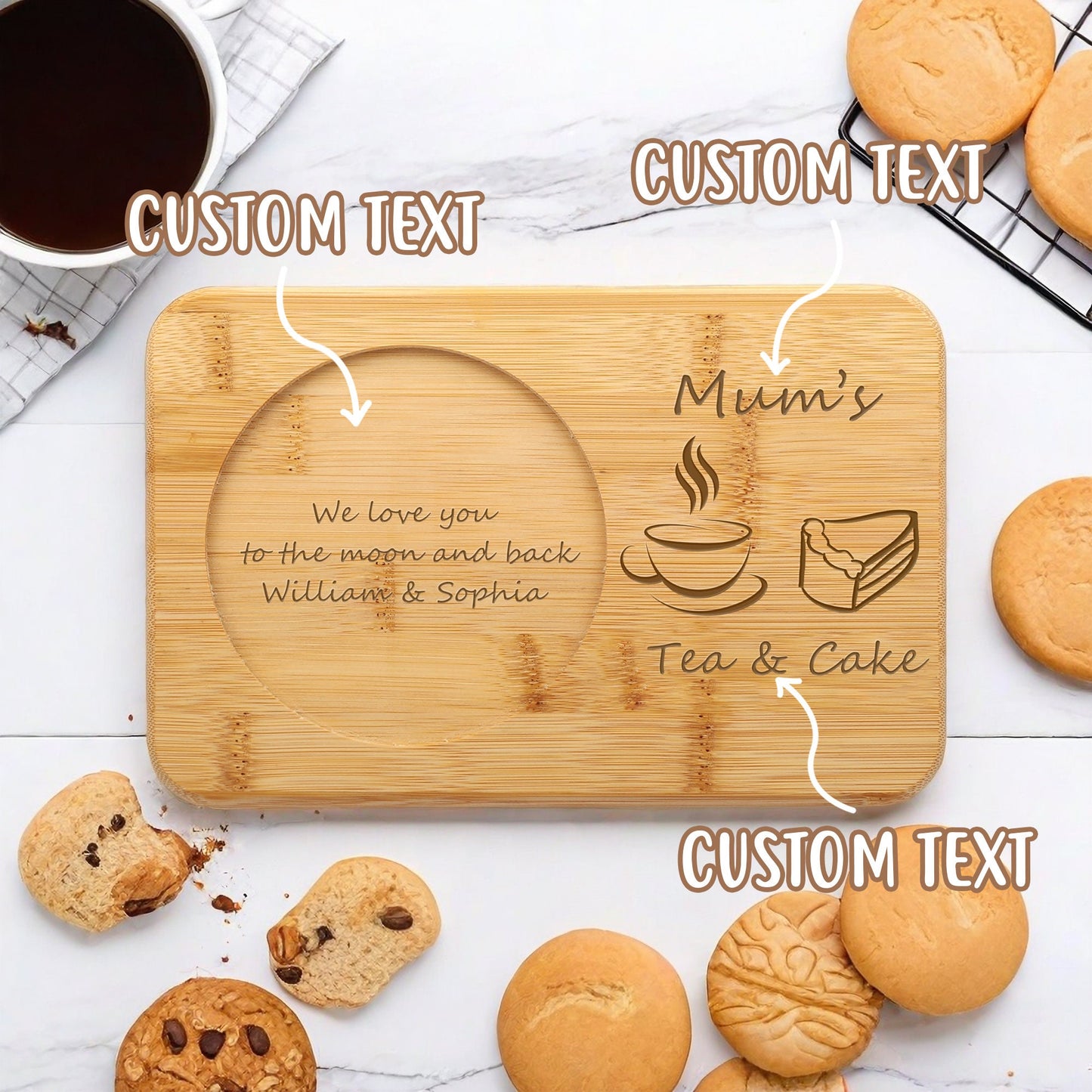 Custom Tea & Biscuits Board, Engraved Bamboo Treat Tray, Personalized Afternoon Tea Tray, Serving Board, Gift for Mom Grandma, Snack Tray