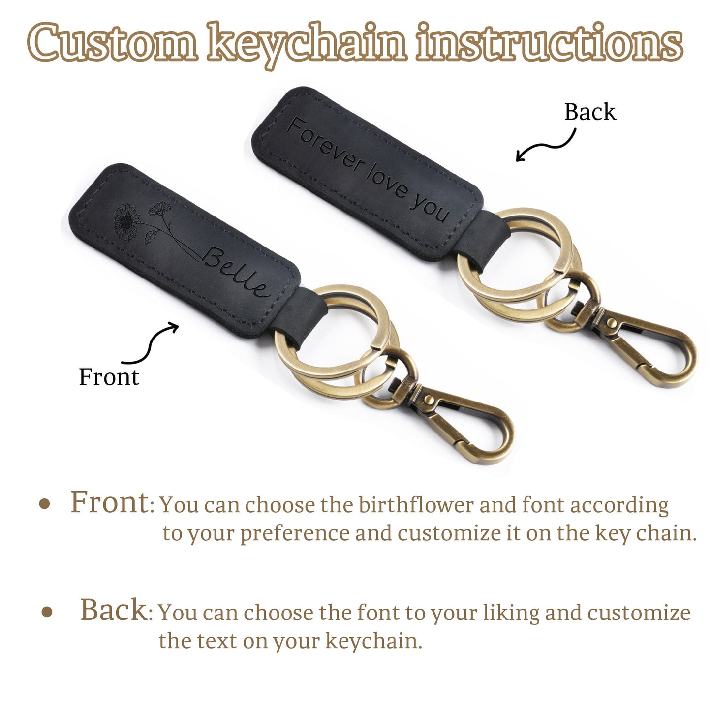 Custom Leather Keychain, Personalized Leather Keychain, Name Birth Flower Key Chain, Custom Pattern + Text Key Fob for Men Women, Christmas