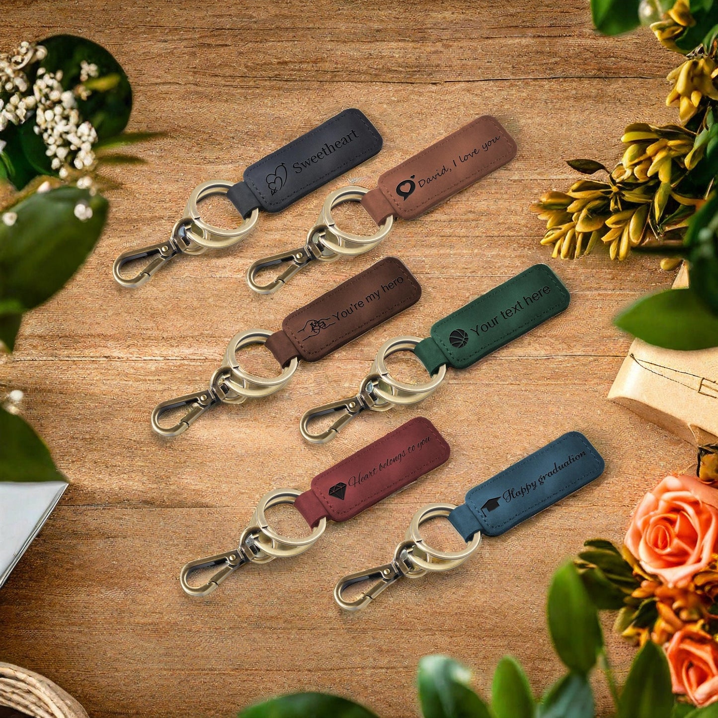Custom Leather Keychain, Personalized Leather Keychain, Name Birth Flower Key Chain, Custom Pattern + Text Key Fob for Men Women, Christmas
