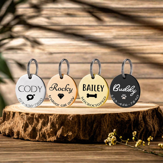 Custom Dog Tag, Personalized Dog Name Tag, Pet Tag, Pet ID Tag, Round Cat Tag, Engraved Dog and Cat ID Tag on Front, Stainless Steel Dog Tag