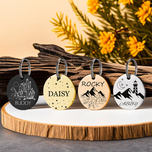 Personalized Dog Tag Custom Dog Name Tag Pet ID Collar Tag Cat Tag Cat Collar Tag Dog ID Tag Stainless Steel Round Pet Tag Silent Dog Tag