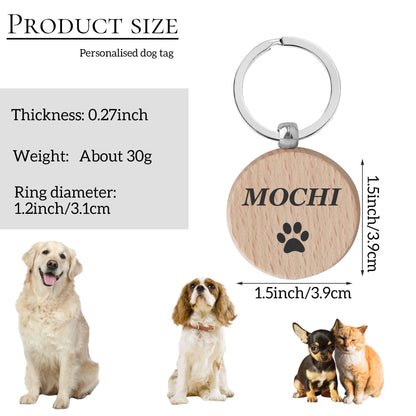 Personalized Wood Dog Tag, Custom Pet Name Tag, Engraved Icon Dog ID Tag, Silent Pet Tag, Custom Beech Keychain, Key Fob, Gift for Pets