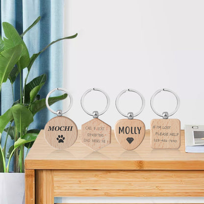 Personalized Wood Dog Tag, Custom Pet Name Tag, Engraved Icon Dog ID Tag, Silent Pet Tag, Custom Beech Keychain, Key Fob, Gift for Pets