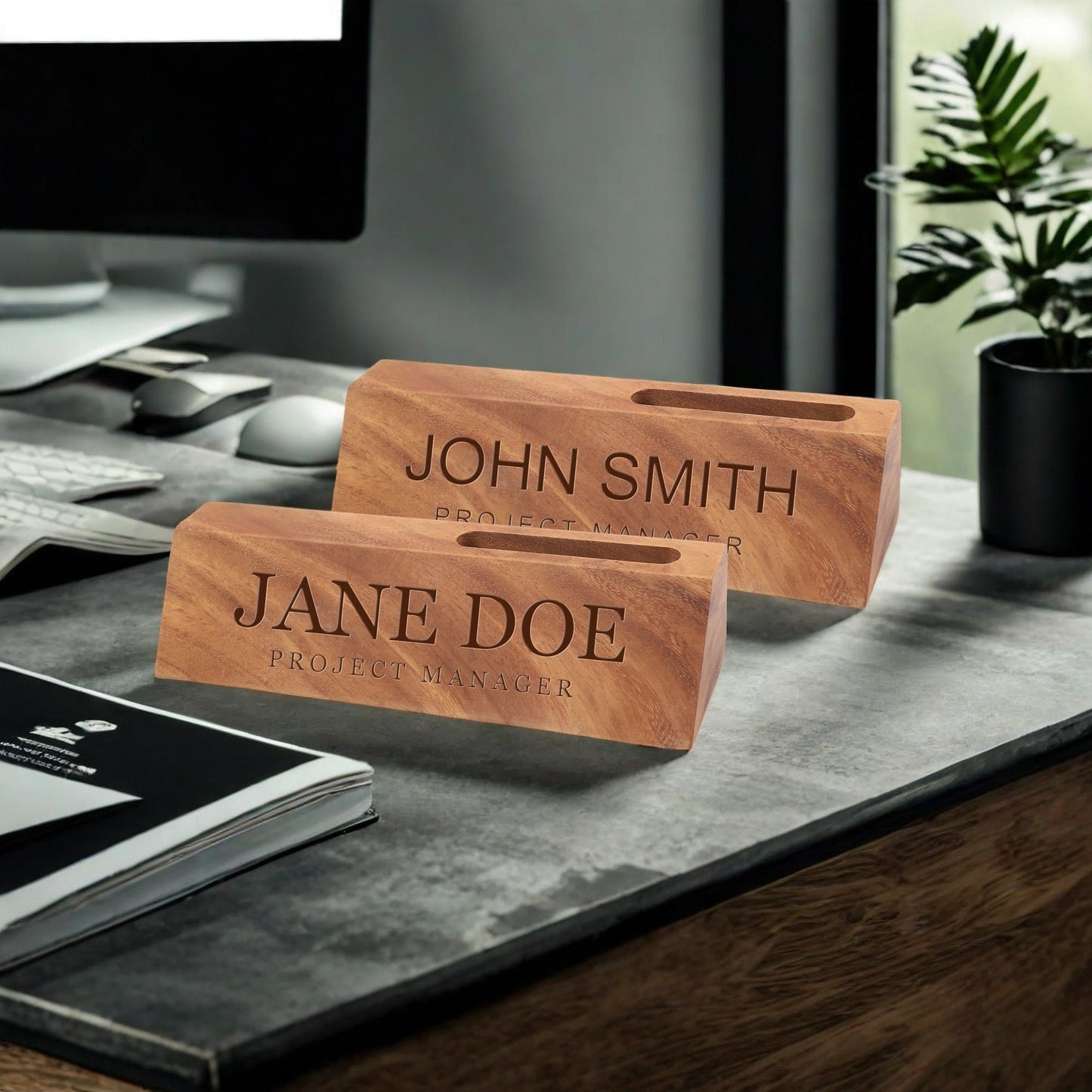 Desk Name Plates, Custom Name Sign, Personalized Desk Name Plate, Executive Personalized Desk, Laser Engraved Walnut Desk Wedge with Groove
