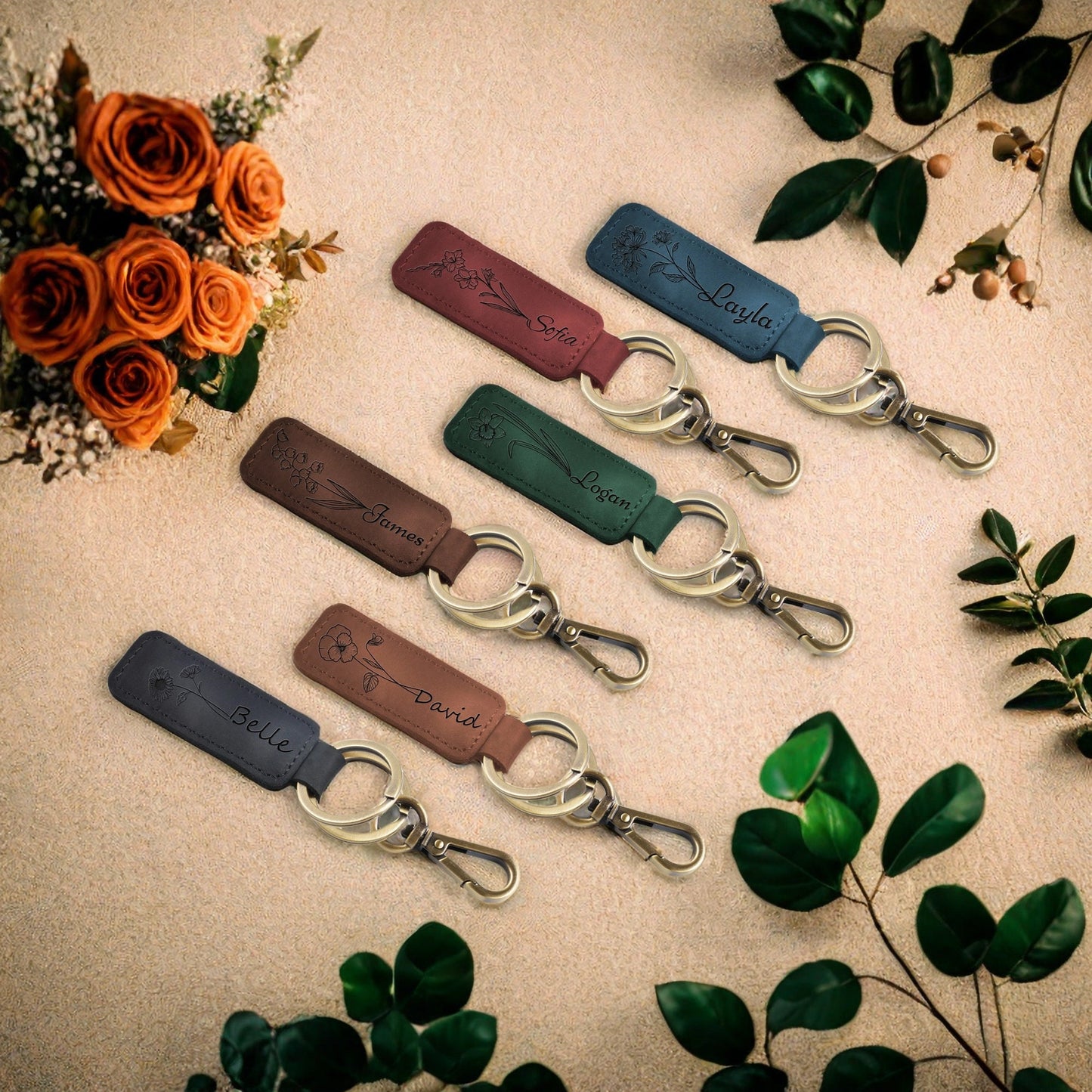 Custom Leather Keychain, Personalized Leather Keychain, Name Birth Flower Key Chain, Custom Pattern + Text Key Fob for Men Women, Christmas