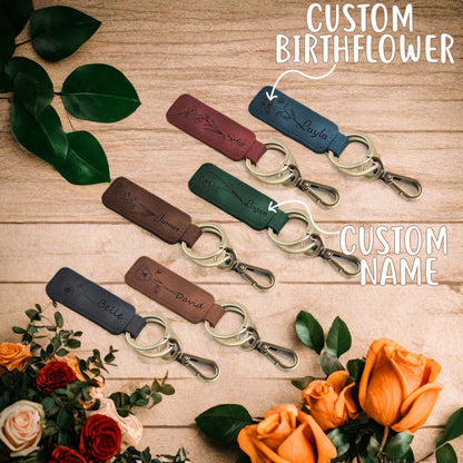 Custom Leather Keychain, Personalized Leather Keychain, Name Birth Flower Key Chain, Custom Pattern + Text Key Fob for Men Women, Christmas