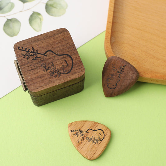 Personalized Wood Guitar Pick with Case, Custom Guitar Plectrum Holder, Unique Engraved Guitar Plectrum Organizer, Gift for Guitar Player