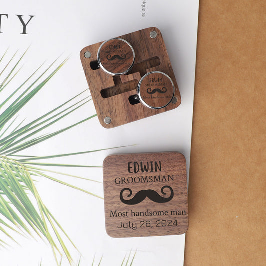 Personalized Cufflinks with Wooden Box, Custom Cuff Links, Engraved Wood Cufflink, Gift for Husband Fiancé Dad, Wedding Groomsmen Gifts