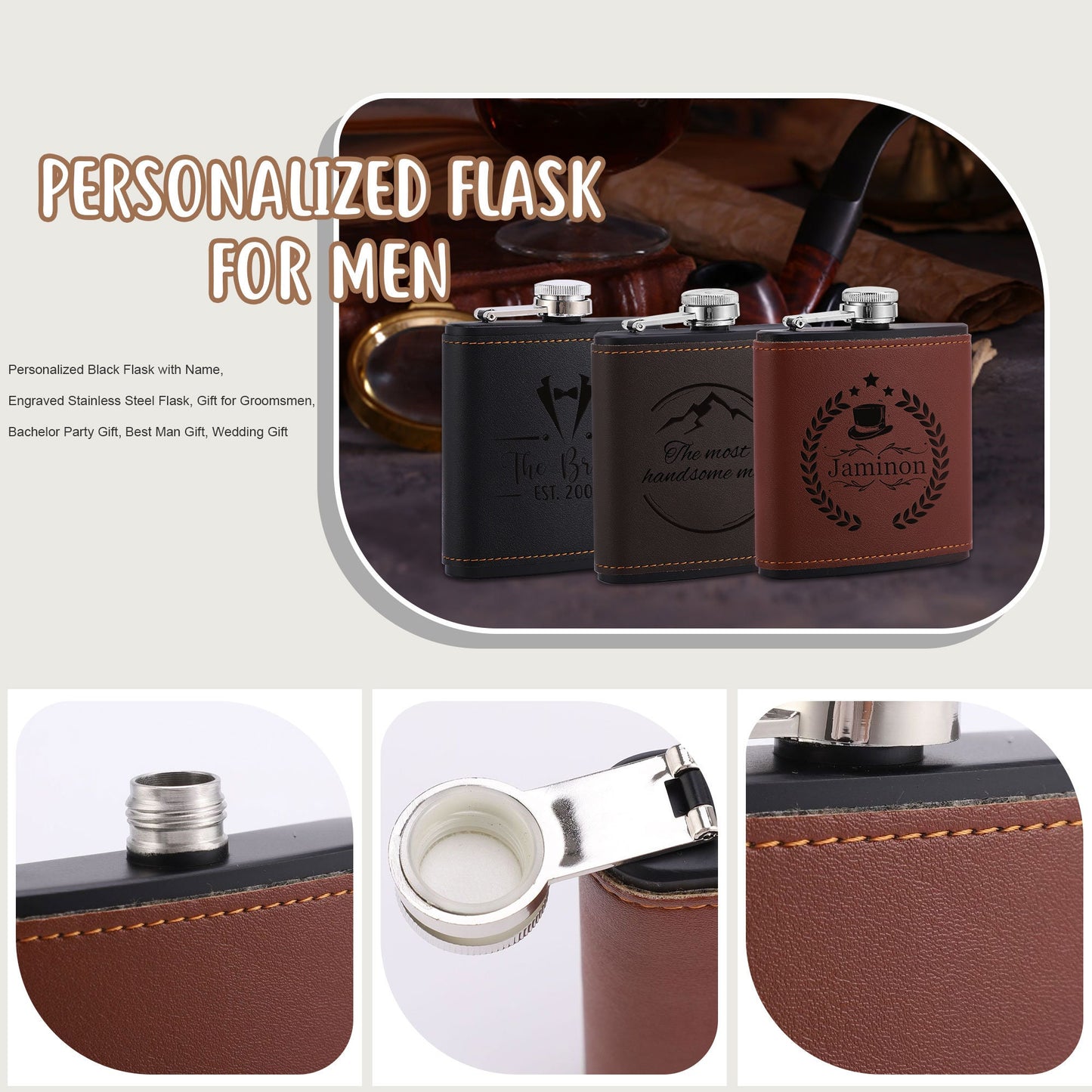 Custom Flask, Personalized Groomsmen Flask, Engraved Flask, Leather Hip Flask for Man, Wedding Proposal Gift, Bachelor Party Gift for Him