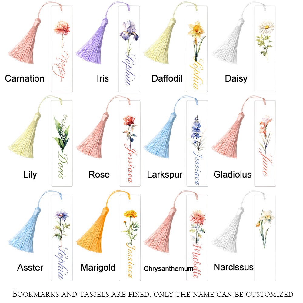 Personalized Bookmark, Custom Name Birth Flower Bookmark, Floral Acrylic Bookmark with Tassel, Gift for Book Lover, Book Club ,Birthday Gift