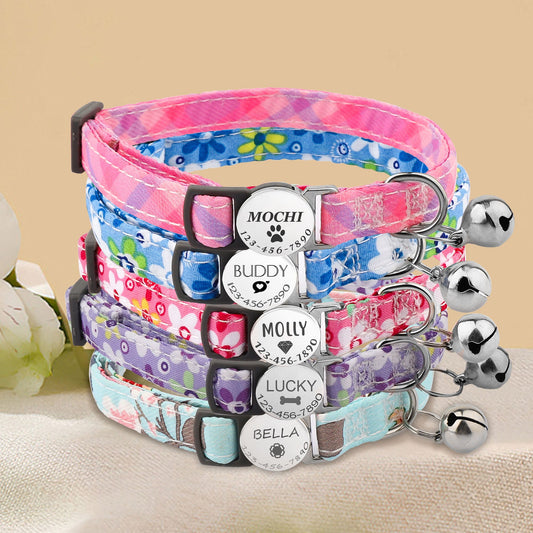 Custom Cat Collar, Personalized Colorful Floral Cat Collar, Engraved Pet Name & Icon Plate Metal Buckle, Cat ID Tag, Pet Collar with Bell