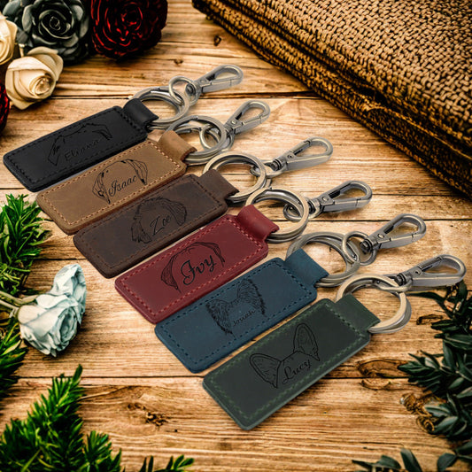 Custom Dog Ears Outline Keychain, Personalized Leather Key Chain, Dog Breed Ears Key Fob, Pet Name Key Chain, Diaper Bag Tag, Best Gift