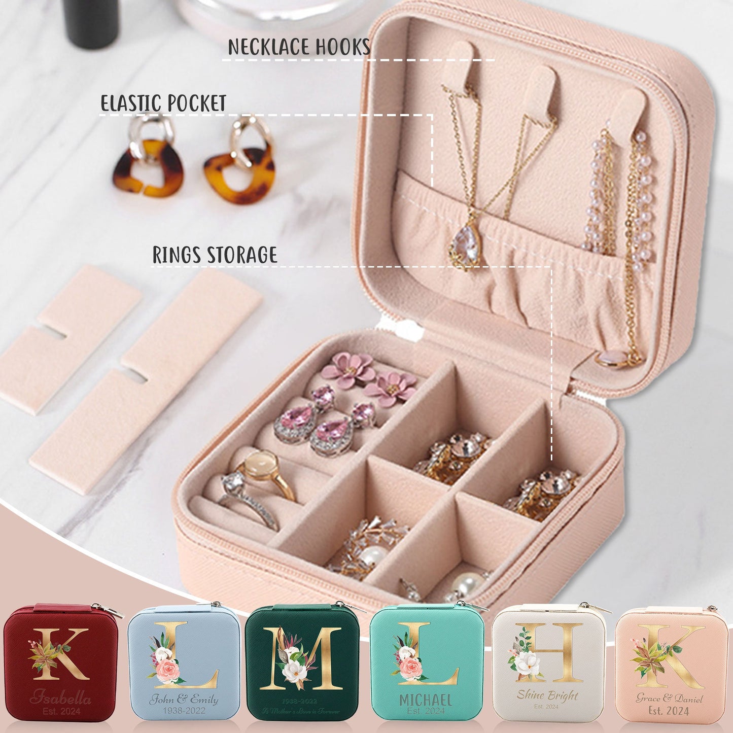 Custom Letter Travel Jewelry Case, Engraved Leather Jewelry Box, Jewelry Ring Box, Personalized Gift for Bridesmaid, Wedding Proposal Gift