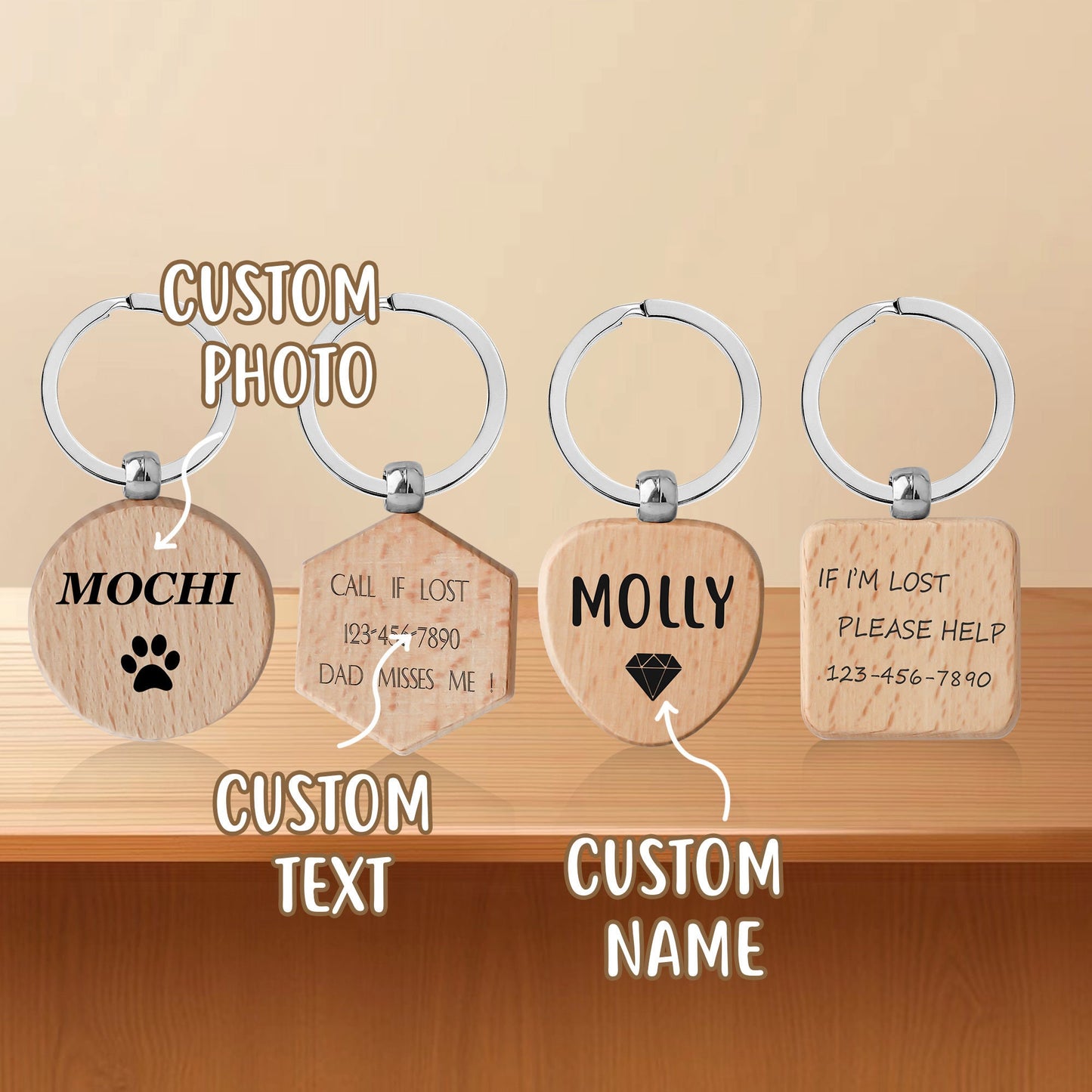Personalized Wood Dog Tag, Custom Pet Name Tag, Engraved Icon Dog ID Tag, Silent Pet Tag, Custom Beech Keychain, Key Fob, Gift for Pets