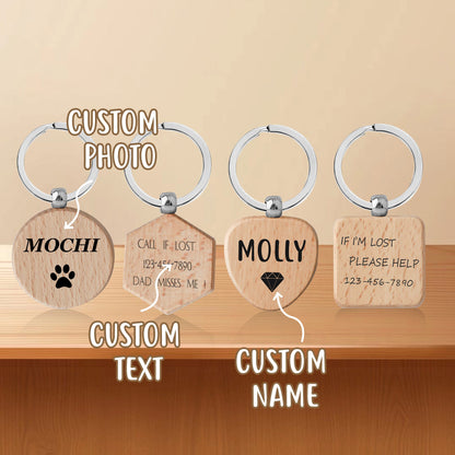 Personalized Wood Dog Tag, Custom Pet Name Tag, Engraved Icon Dog ID Tag, Silent Pet Tag, Custom Beech Keychain, Key Fob, Gift for Pets