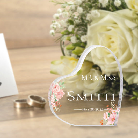 Personalized Heart Acrylic Block, Custom Mr & Mrs Acrylic Plate, Acrylic Heart Shape Stand, Wedding Anniversary Gift for Wife Couple