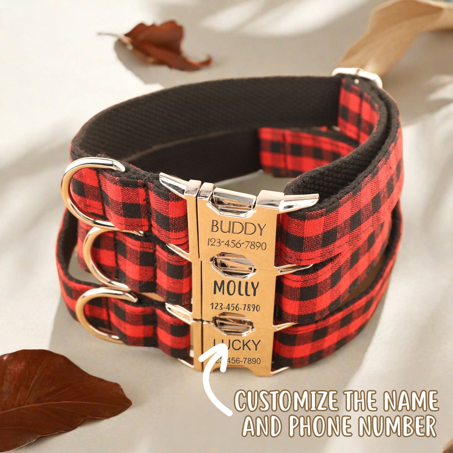 Personalized Red Plaid Dog Collar, Engraved Name Dog Collar, Custom Red and Black Gingham Dog Collar, Cute Gift for Pet, Wedding Puppy Gift