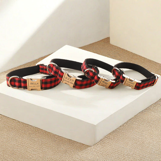 Personalized Red Plaid Dog Collar, Engraved Name Dog Collar, Custom Red and Black Gingham Dog Collar, Cute Gift for Pet, Wedding Puppy Gift