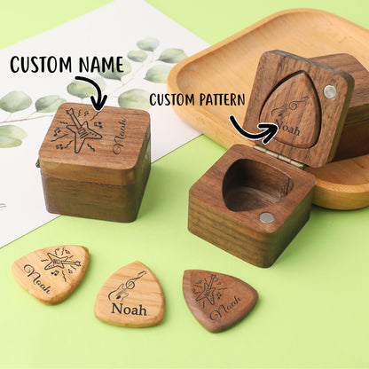 Personalized Wood Guitar Pick with Case, Custom Guitar Plectrum Holder, Unique Engraved Guitar Plectrum Organizer, Gift for Guitar Player
