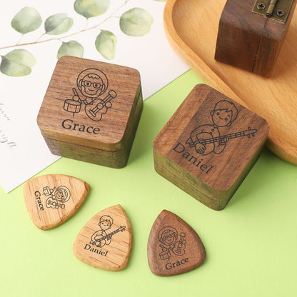 Personalized Wood Guitar Pick with Case, Custom Guitar Plectrum Holder, Unique Engraved Guitar Plectrum Organizer, Gift for Guitar Player