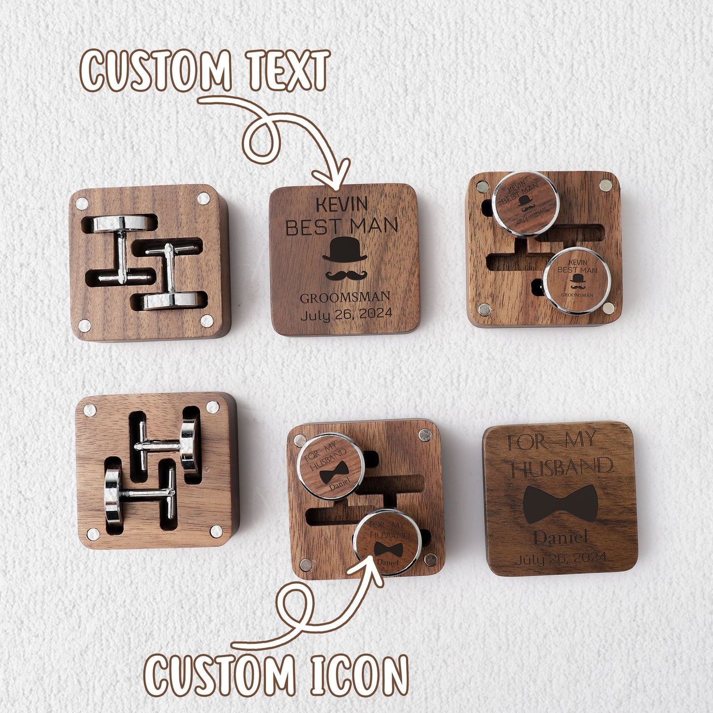 Personalized Cufflinks with Wooden Box, Custom Cuff Links, Engraved Wood Cufflink, Gift for Husband Fiancé Dad, Wedding Groomsmen Gifts