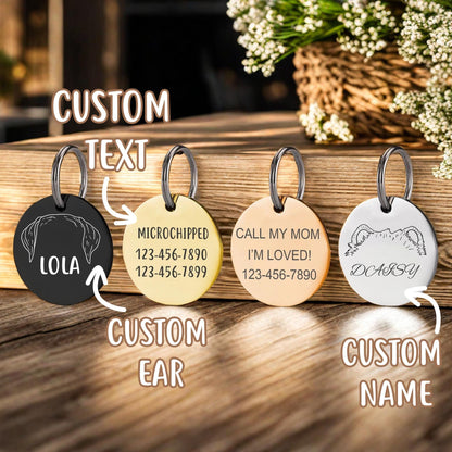 Dog Ears Outline Tag Keychain, Personalized Dog ID Tag, Custom Dog Breed Ears Tag, Engraved Pet Name Tag, Round Pet Tag, Gift for Dog Parent